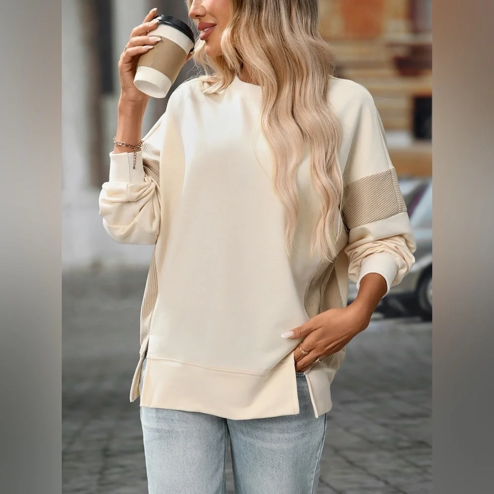 Slit Round Neck Long Sleeve Sweatshirt